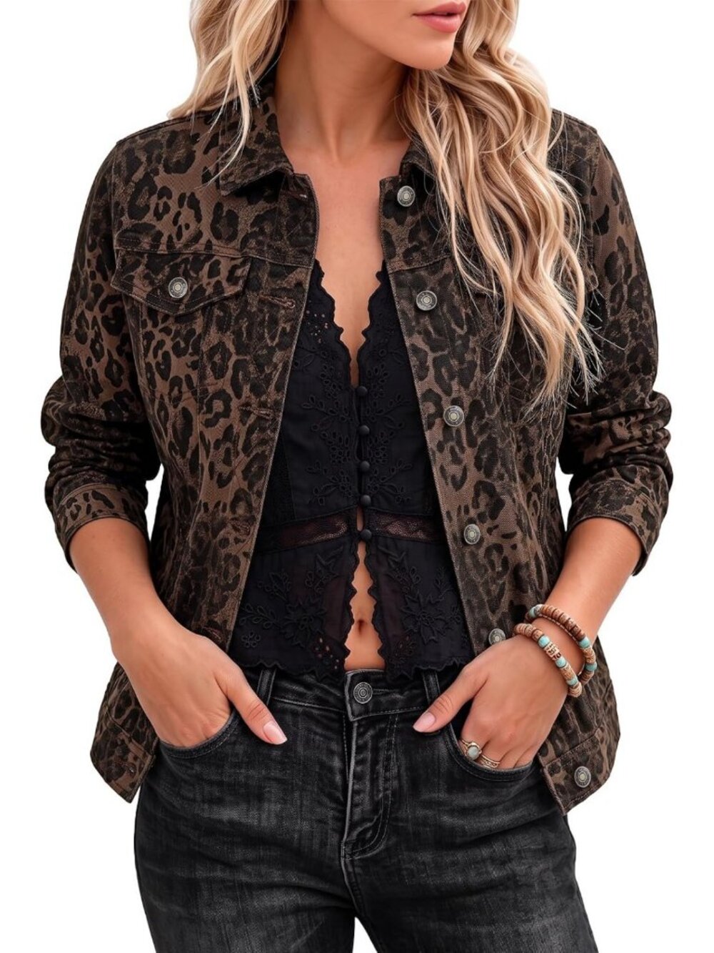 Stylish Leopard Cheetah Print Stretch Button Down Jean Jacket for Women